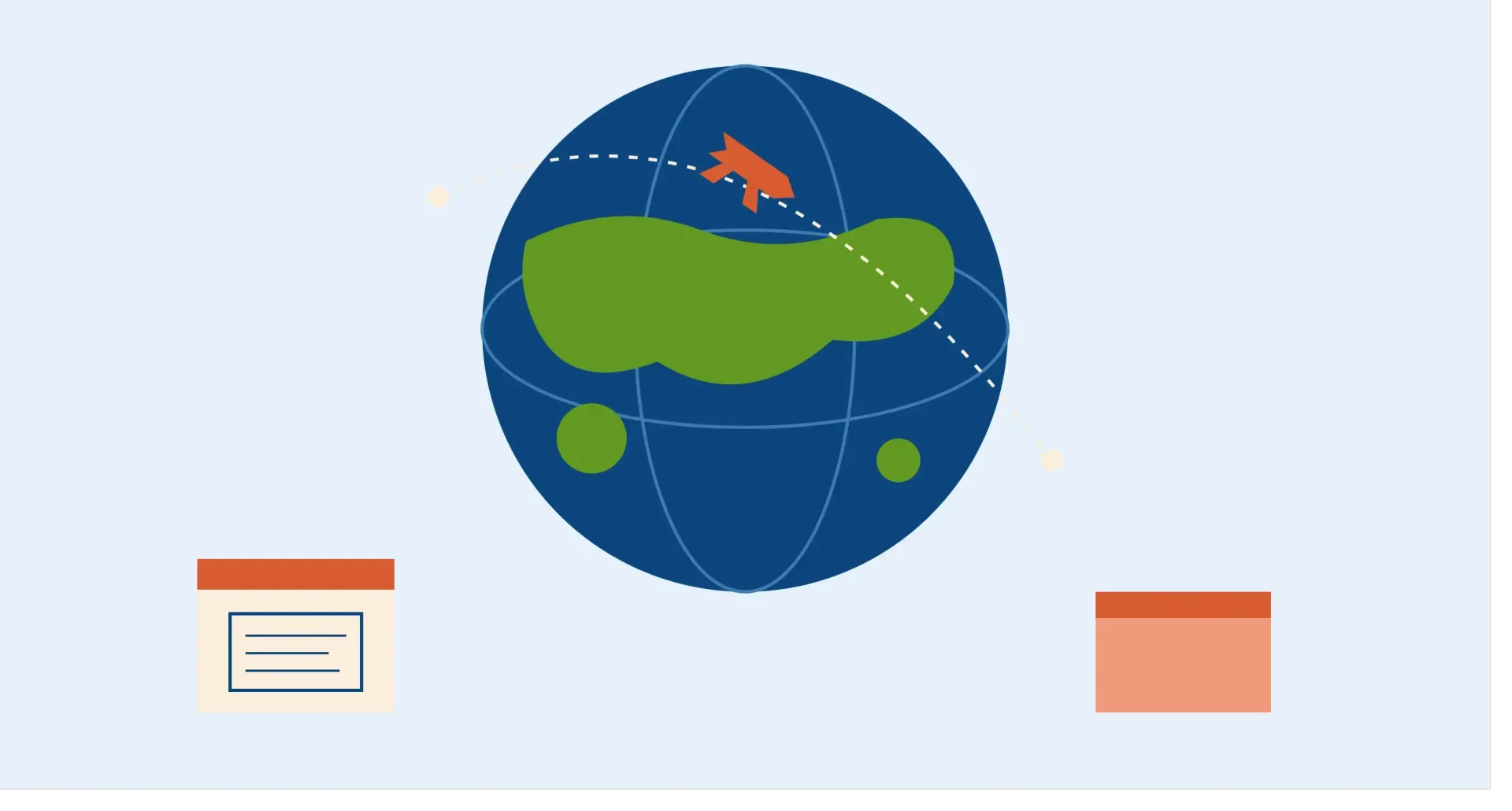Illustration of international parcel shipping from London, showing a globe with a flight route