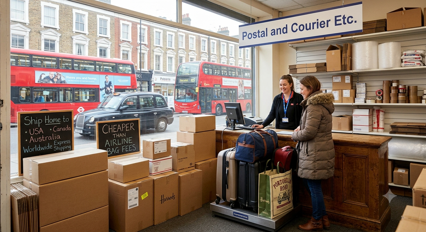 The storefront of Postal and Courier Etc in Kentish Town, London, offering international luggage.