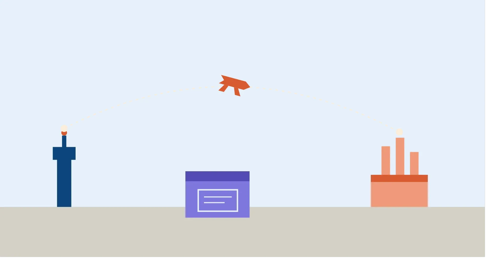 Illustration of a parcel shipping route from a London landmark to a USA landmark.