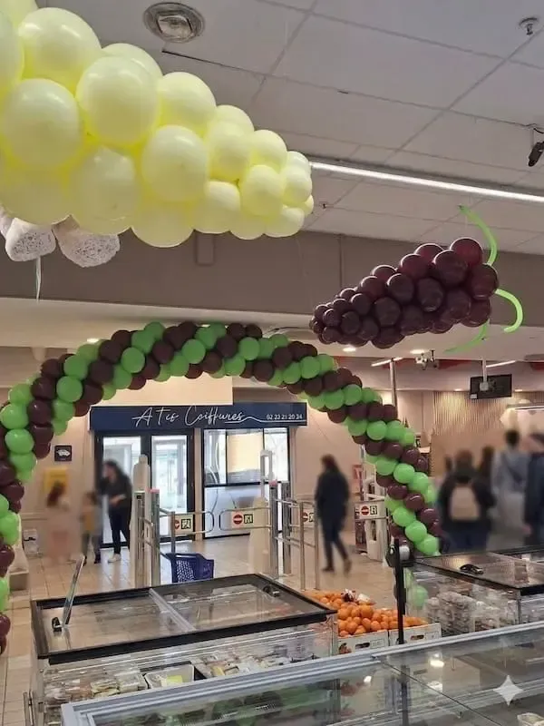 Arche de ballons bordeaux et vert avec grappes de raisin jaunes suspendues pour foire aux vins dans hypermarché à Vernon Eure Normandie