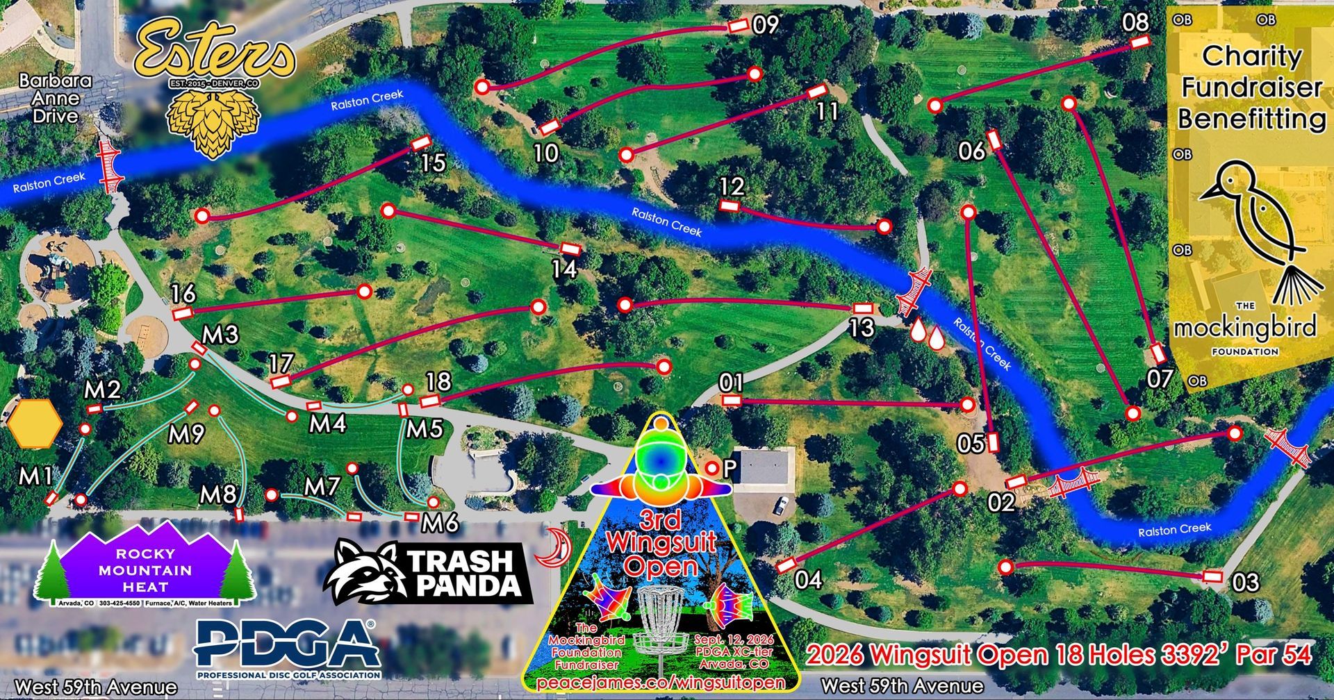 2026 3rd Wingsuit Open fundraiser disc golf tournament course map version 1 with Esters Denver, PDGA, Trash Panda Disc Golf and Rocky Mountain Heat logos.