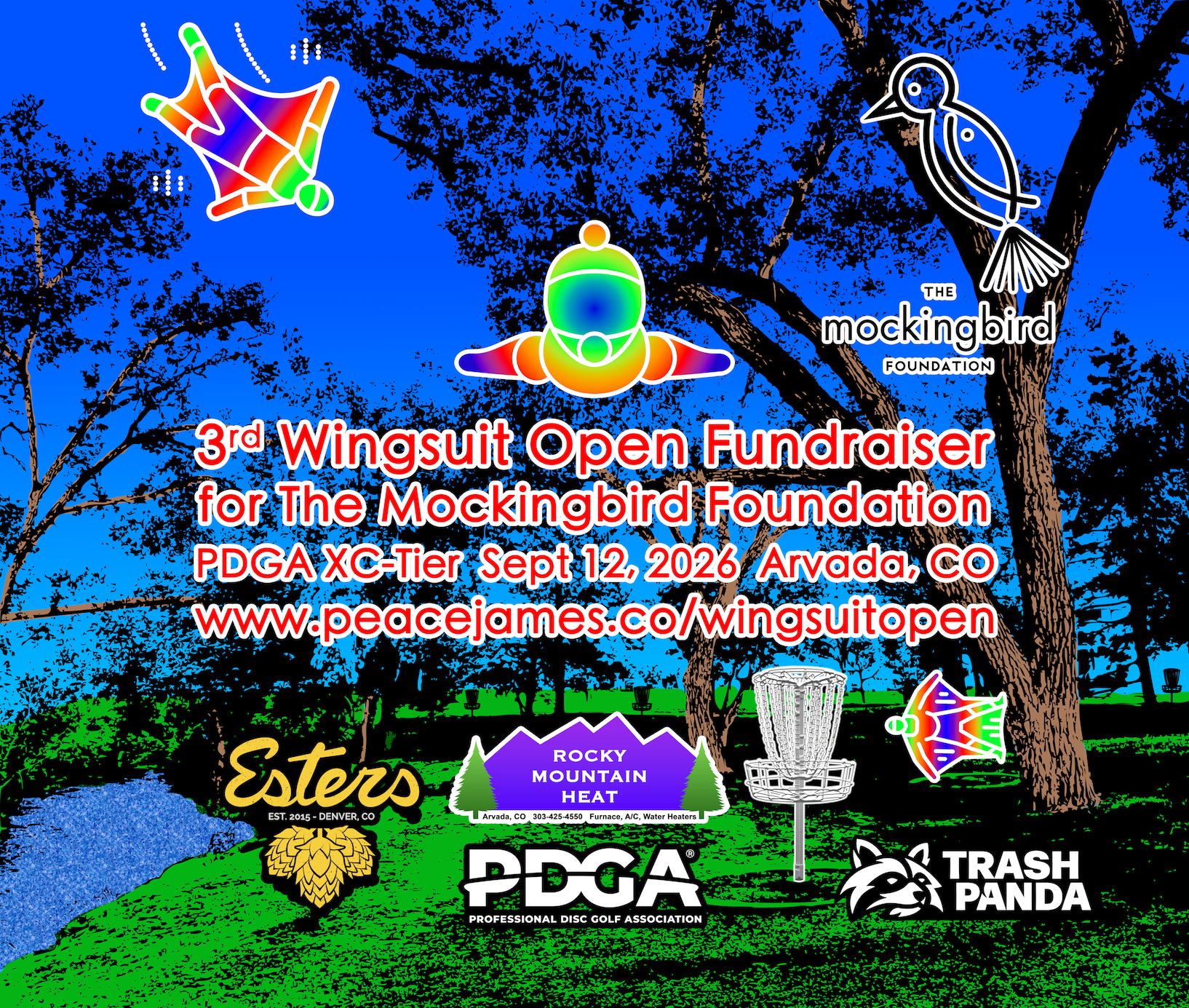 3rd Wingsuit Open Charity Fundraiser Disc Golf Tournament Flyer 2026 with The Mockingbird Foundation, Esters, PDGA, Trash Panda Disc Golf and Rocky Mountain Heat company logos.