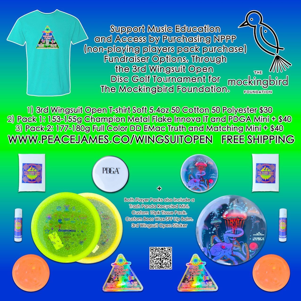 3rd Wingsuit Open Fundraiser disc golf tournament NPPP Flyer. Non-playing players pack purchase options for anyone anywhere to support.