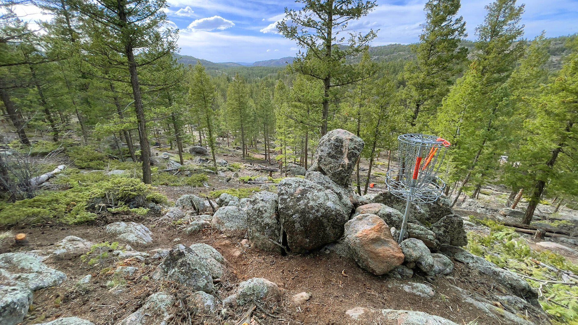 New disc golf hole 8 basket wide shot at Sundance Trail Guest Ranch May 2022 New disc golf hole 8 basket wide shot at Sundance Trail Guest Ranch May 2022