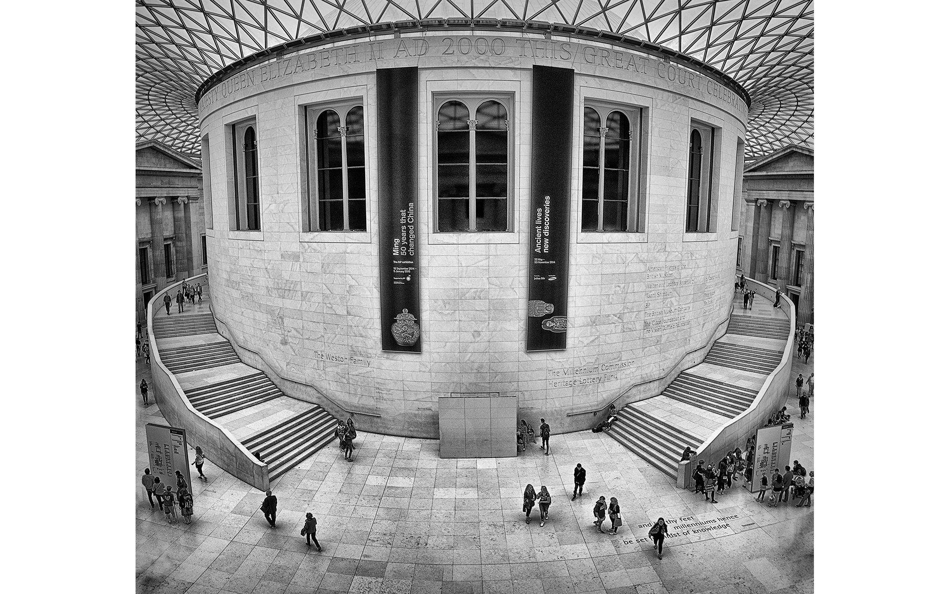 a monochrome image of the british museum