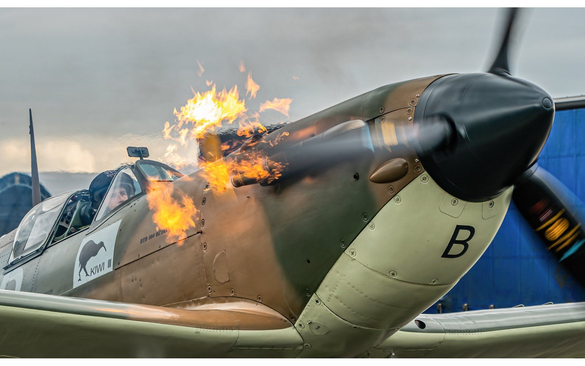 exhaust flame from a spitfire aircraft on startup