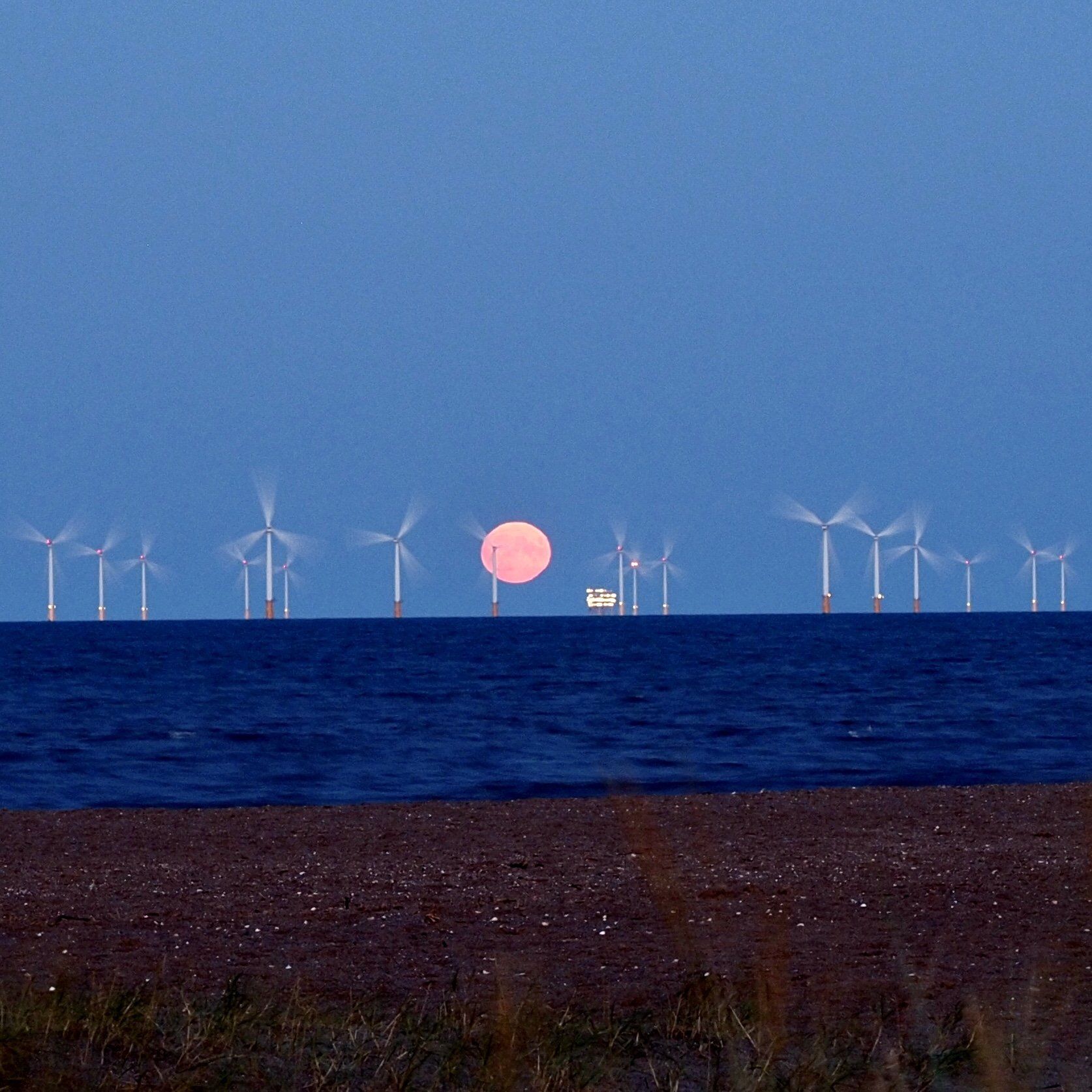 Photo by: Derek Smith the moon rising over the sea, flanked by a wind turbine farm