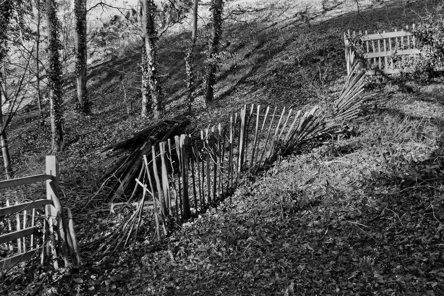 a broken fence on a hill side