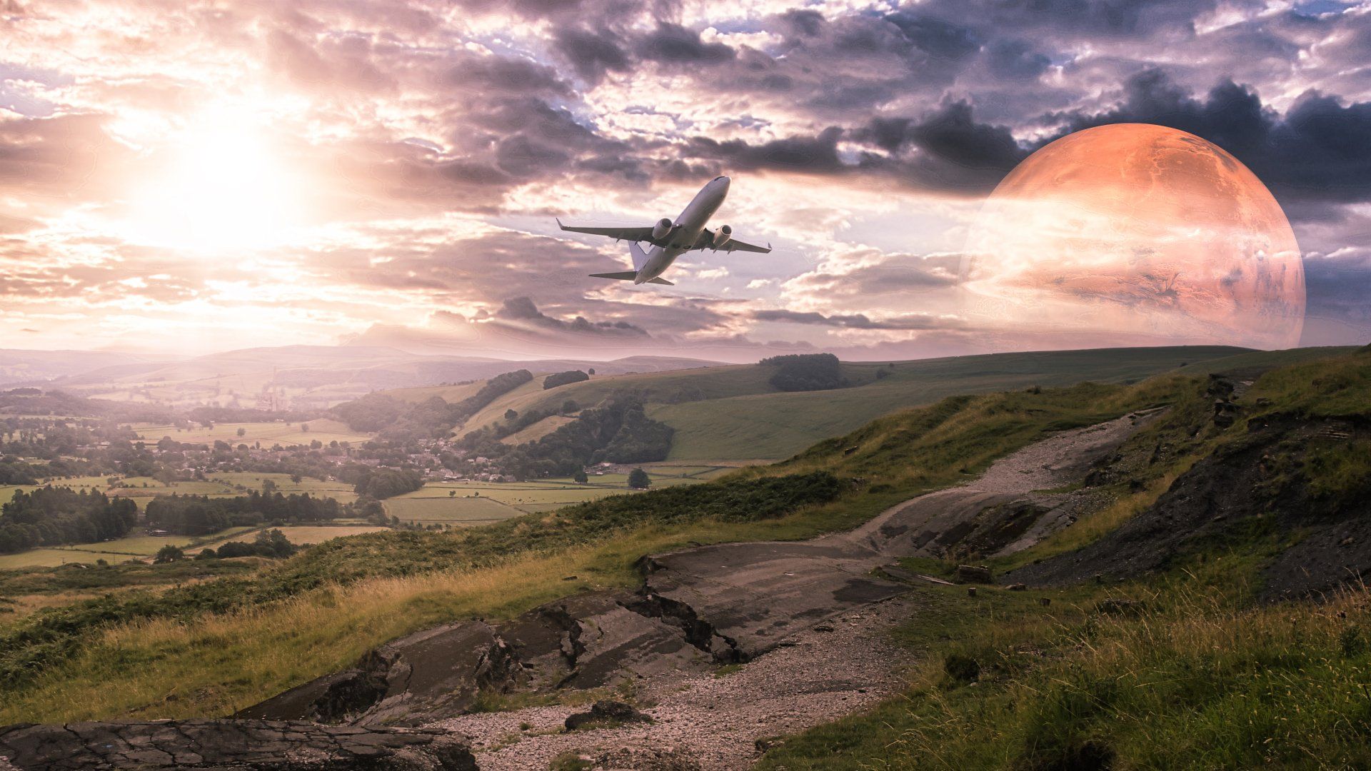 Mars rising over Castleton by Derek Smith a fantasy landscape