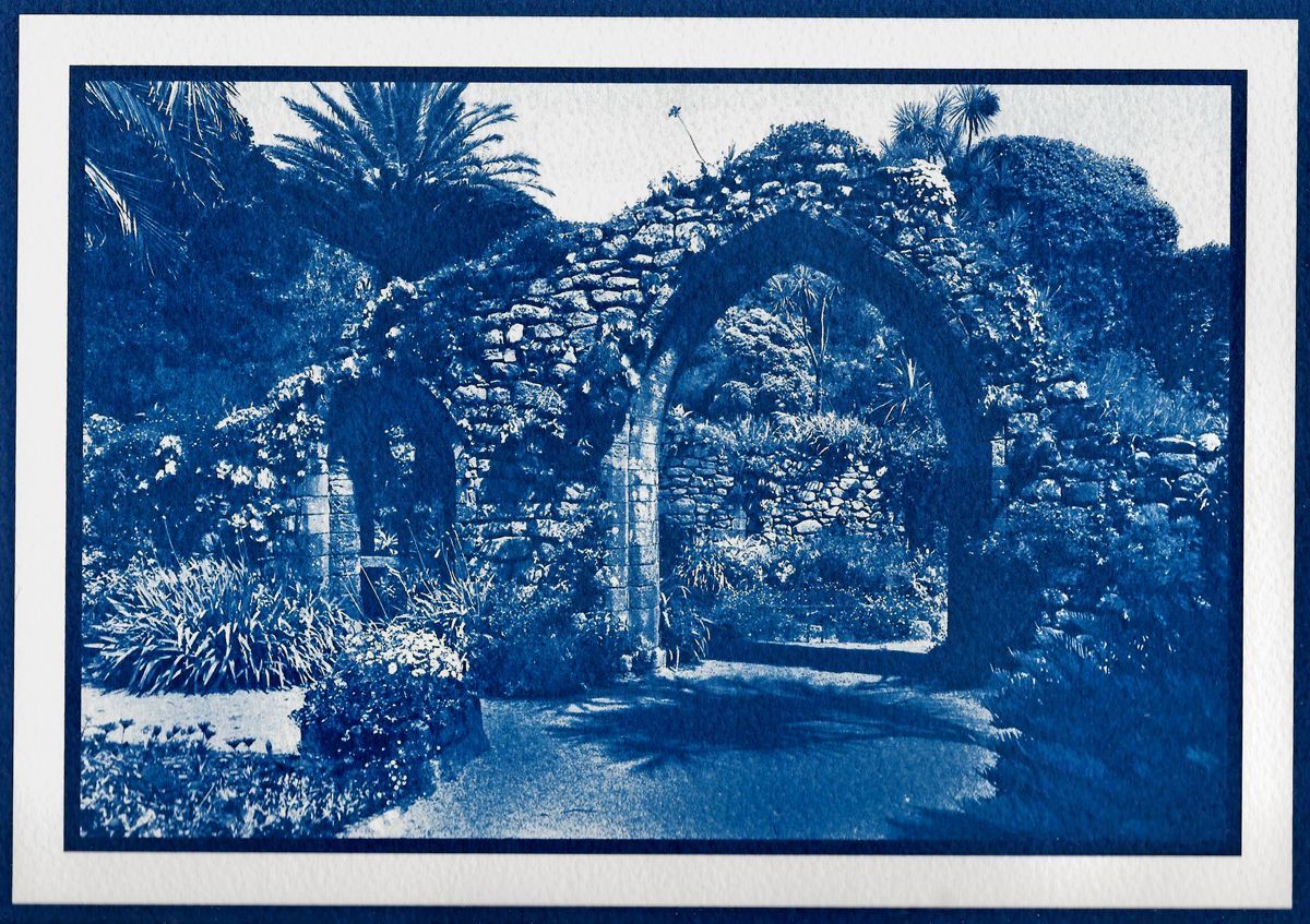 A cyanotype image of an archway