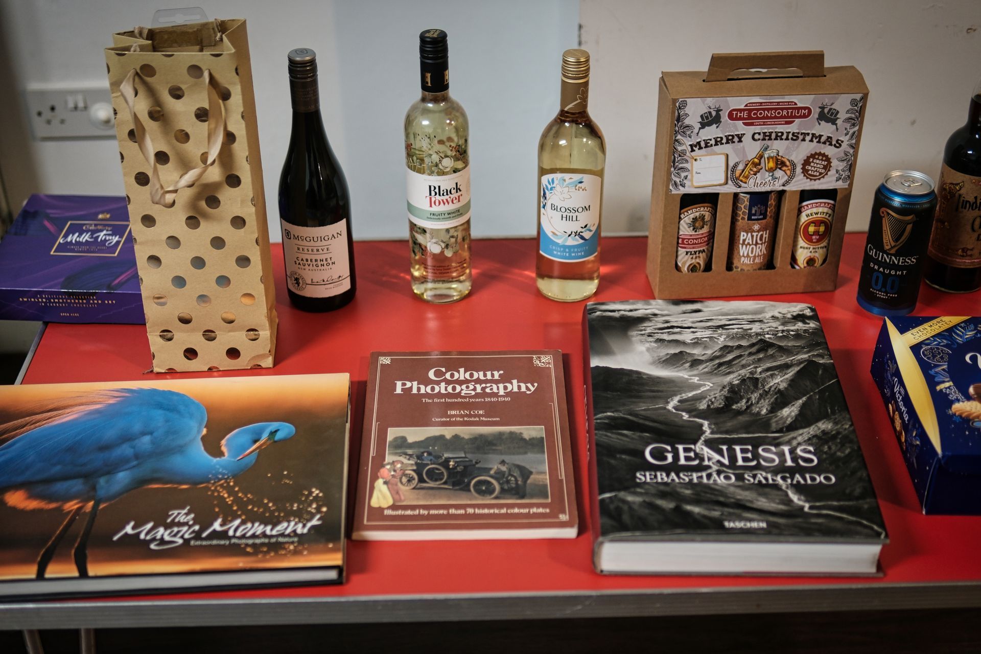 Raffle prizes on a table