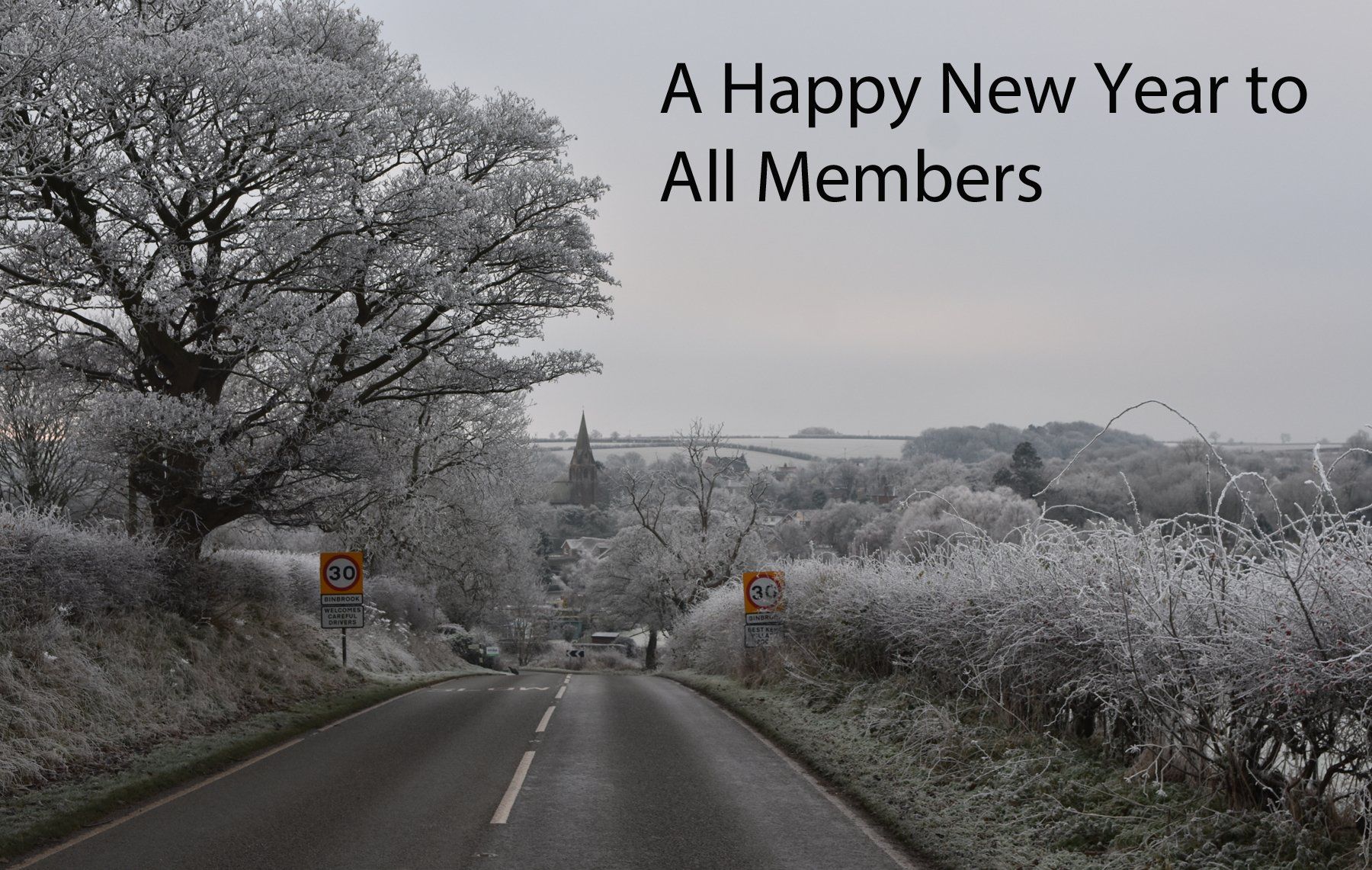 Happy New Year from Graham Harrison a monochrome view of Binbrook, as a happy new year card