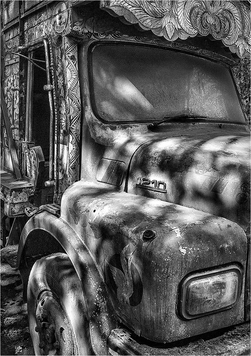 An Asian decorated vehicle in dappled shadow