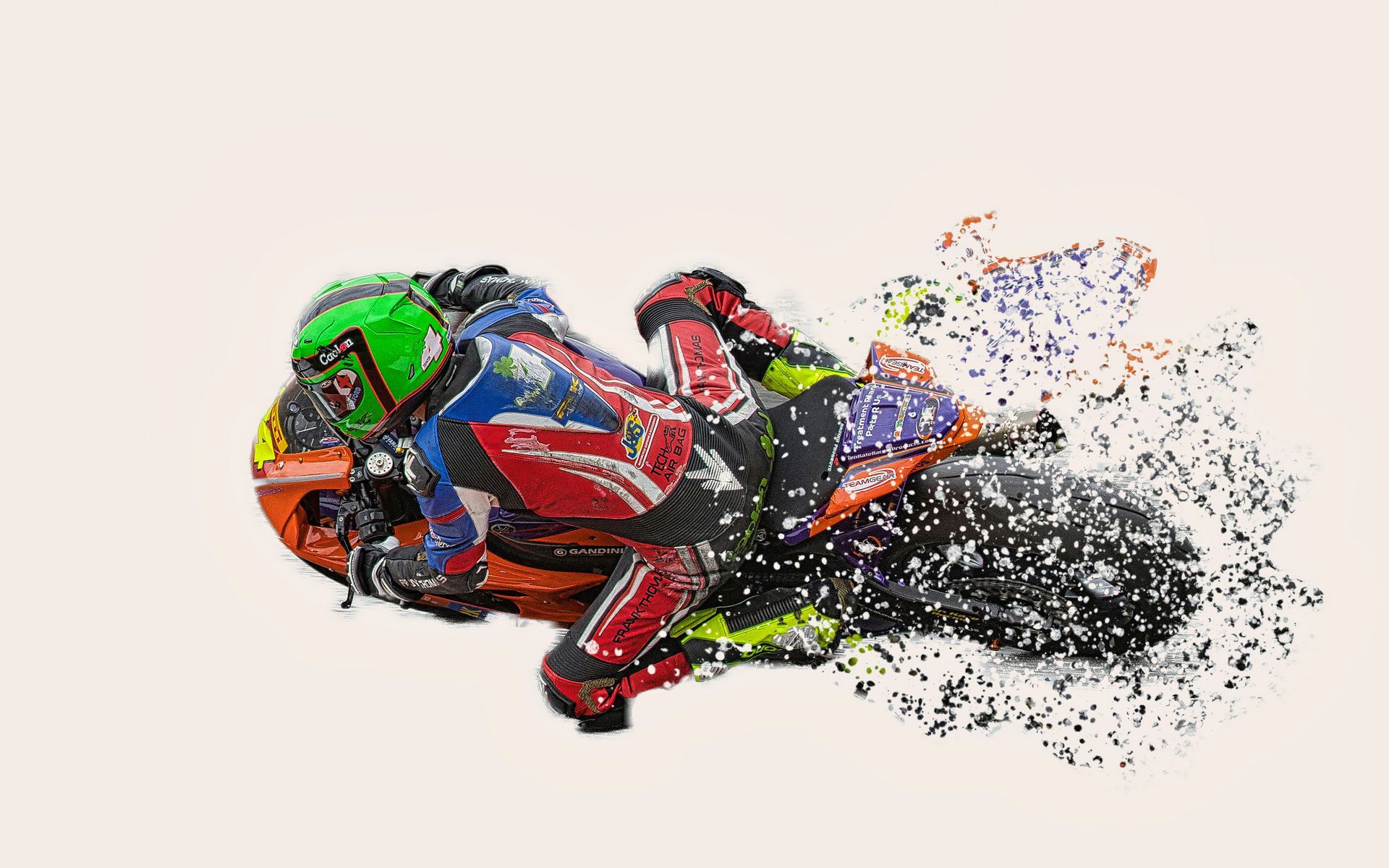 an impressionistic image of a racing motorbike, and rider