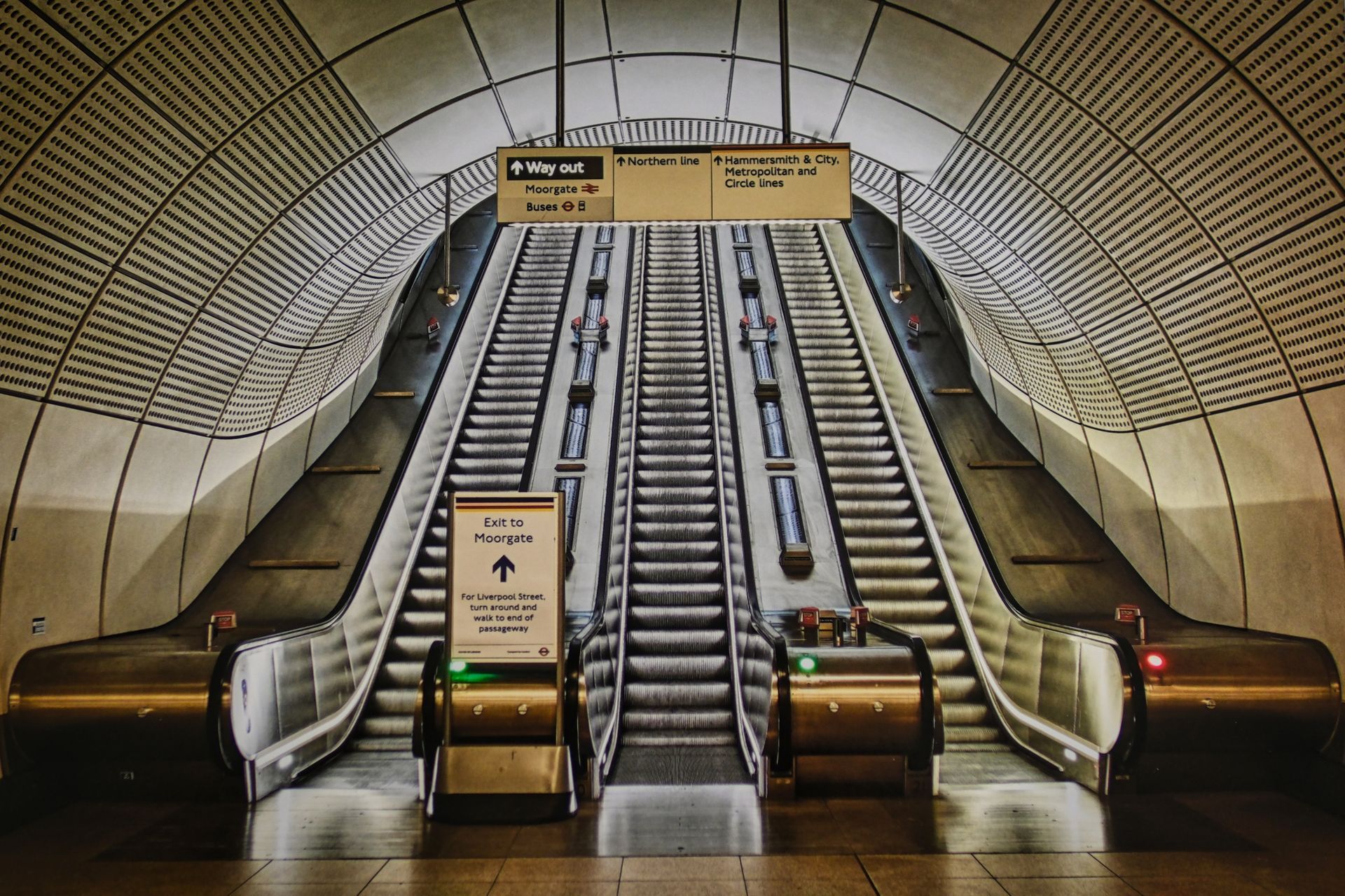 a view of escalators at Moorgate London Underground Station