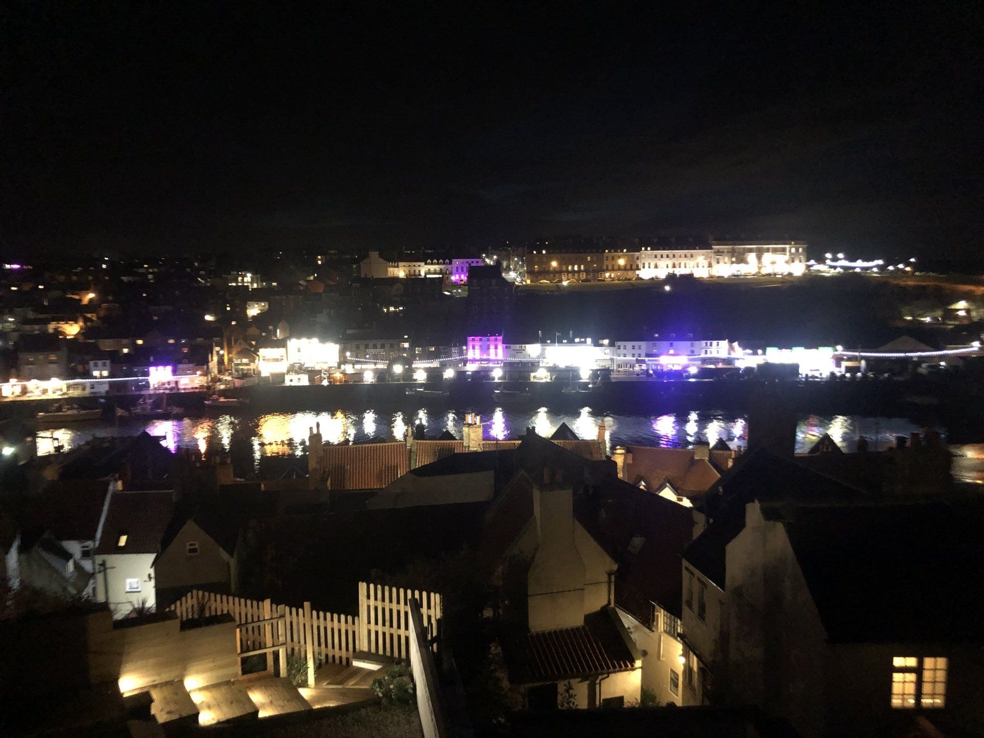 whitby town lit up at night
