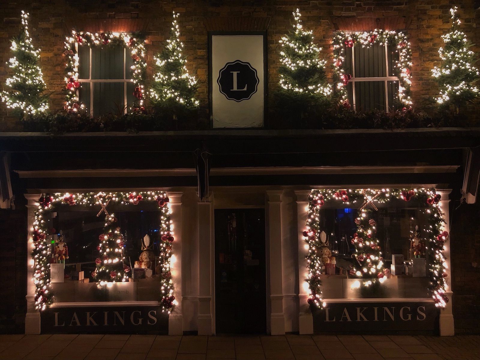 Lakins shop front with christmas decorations