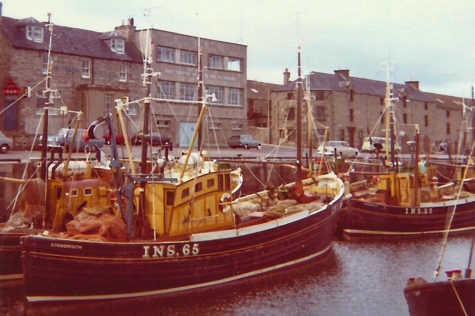 A view of trawlers in Lossiemouth harbour in 1972
