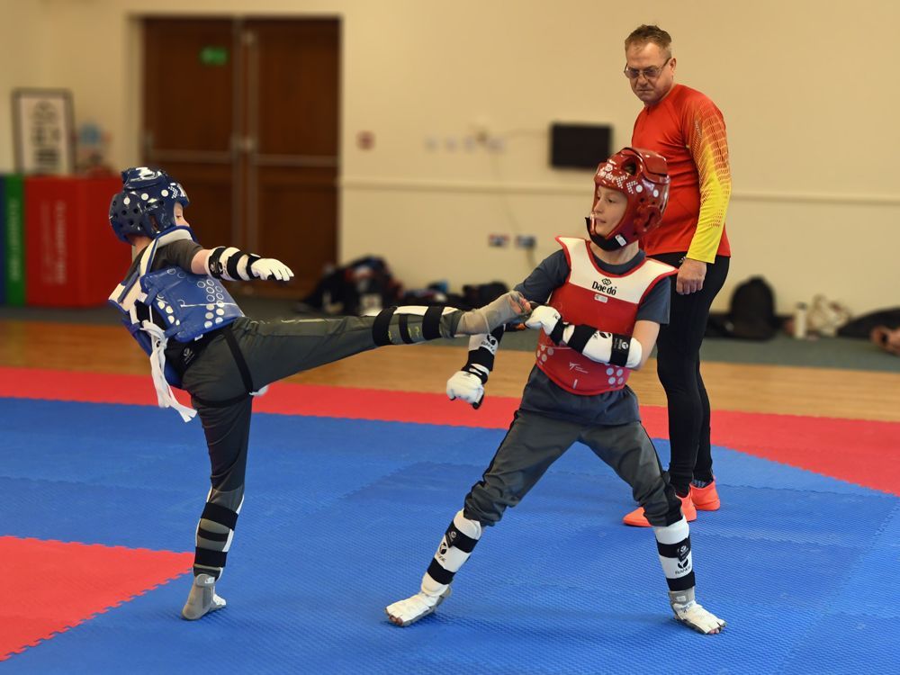 A taekwondo martial arts match