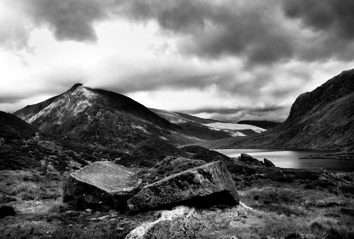 a monochrome landscape of north wales