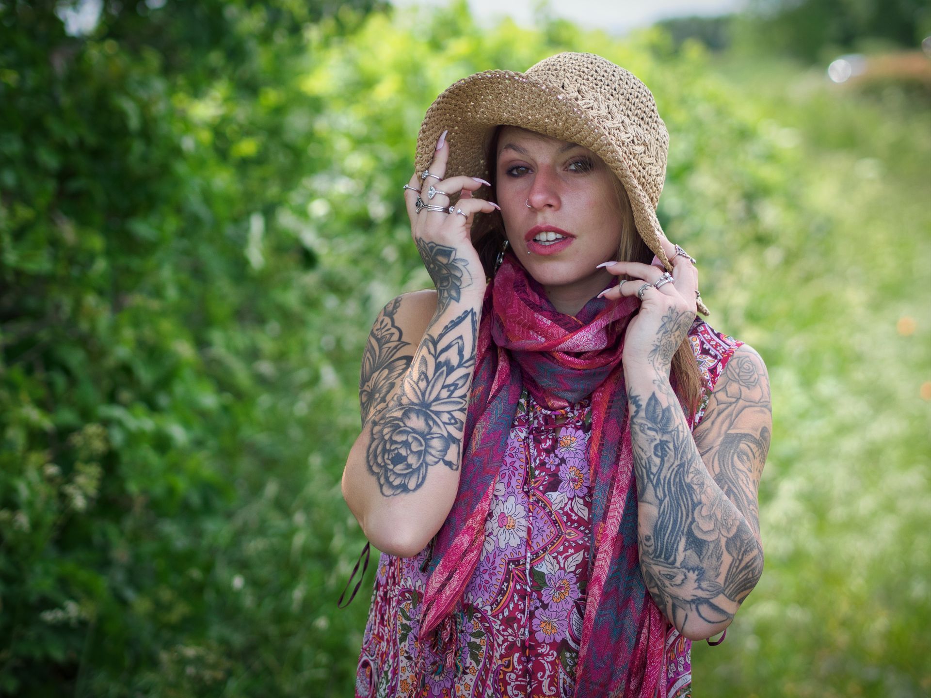 A female model in a field