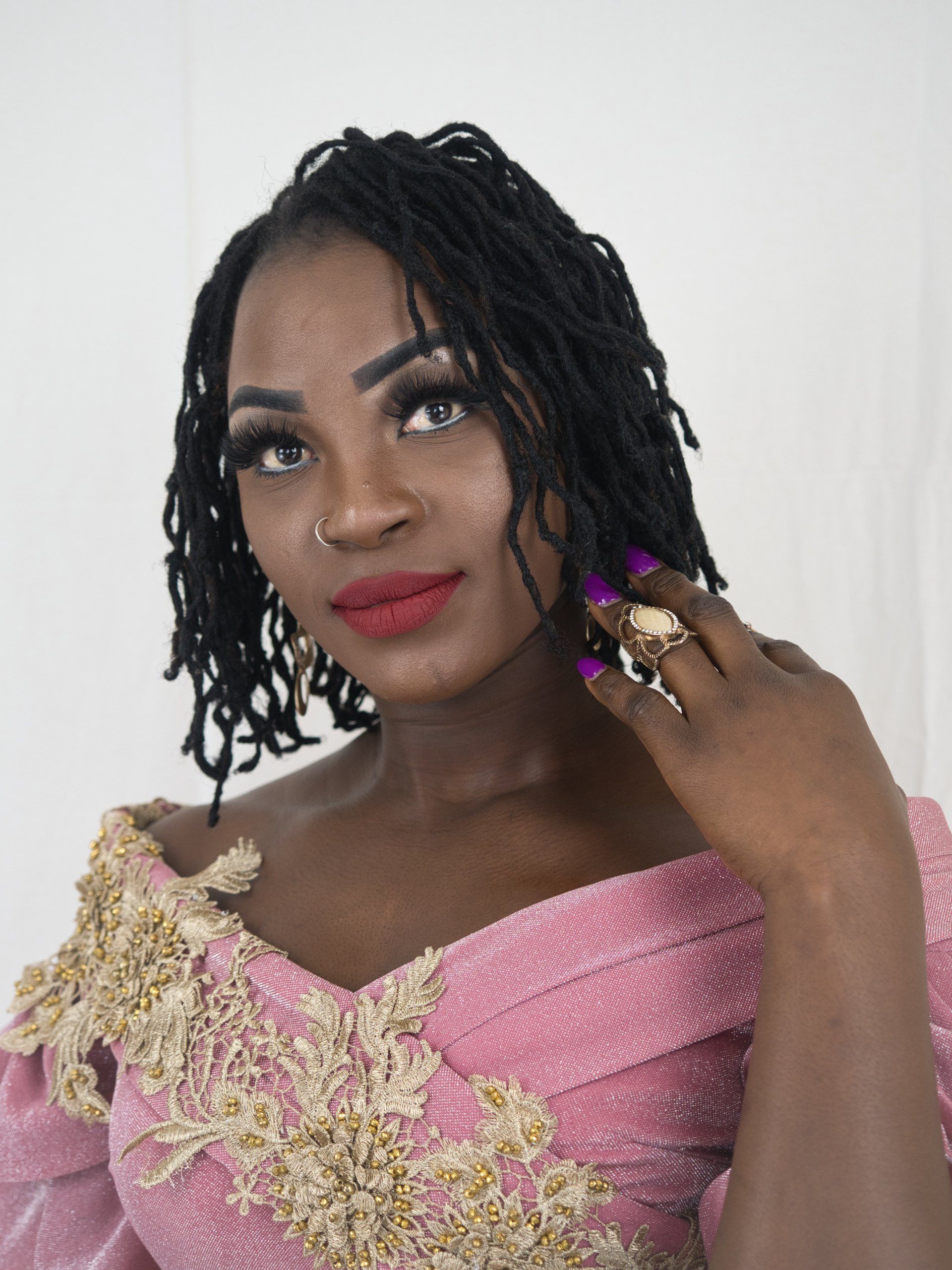 a model against a white background