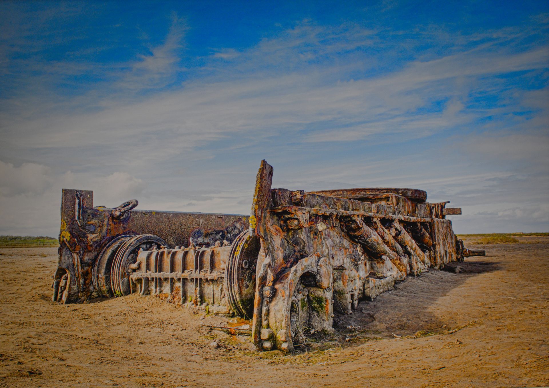 The rusted remains of a Comet A34 Tank on the beach at Saltfleetby