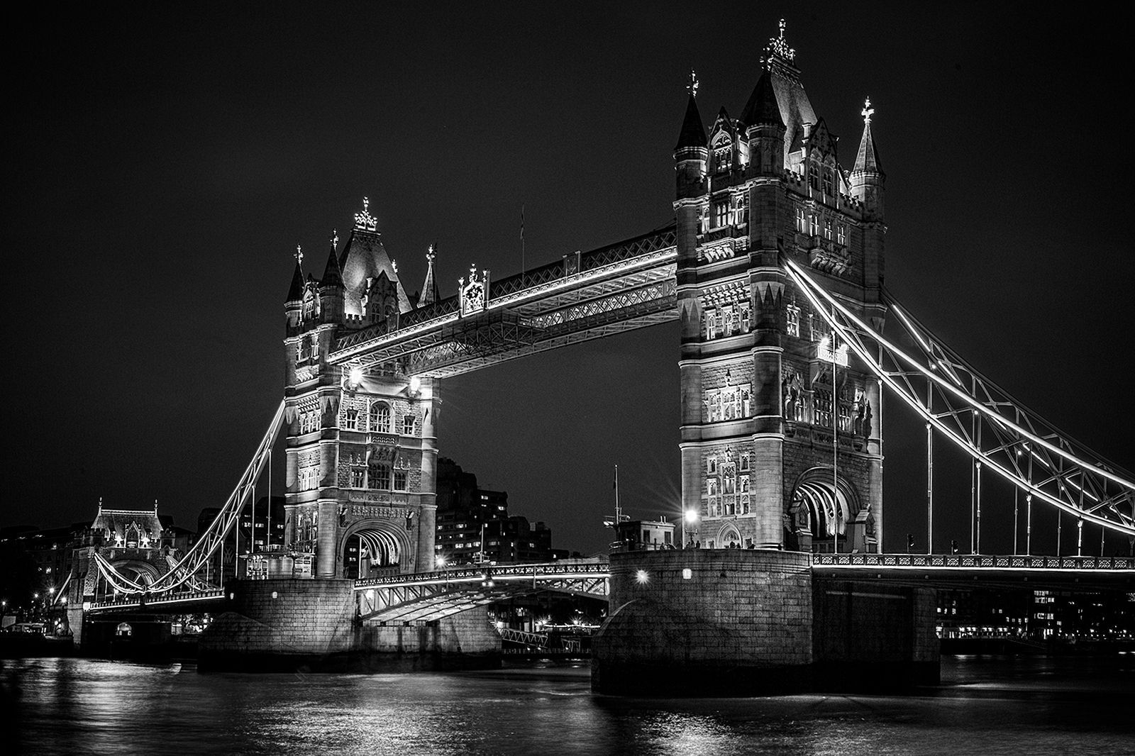 a monochrome view of Tower Bridge, London