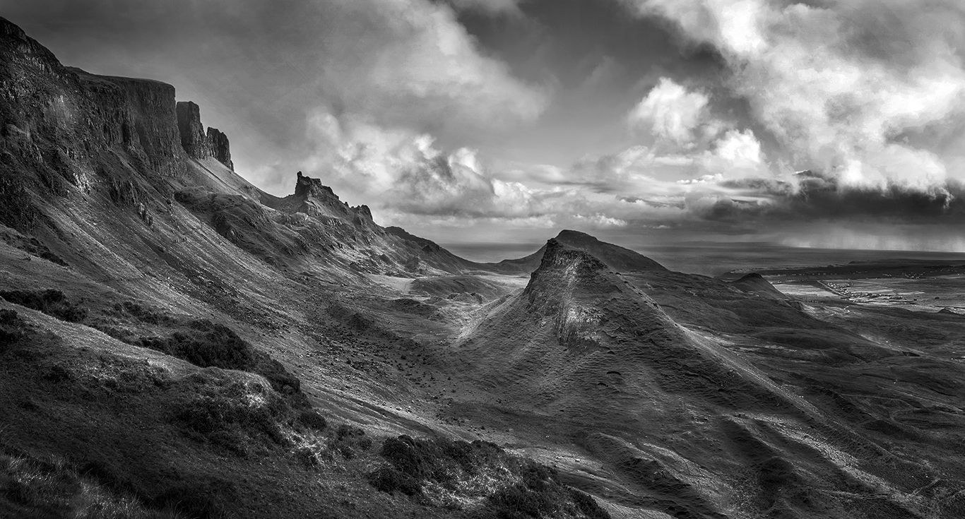 a monochrome view of Trotternish Ridge, Skye