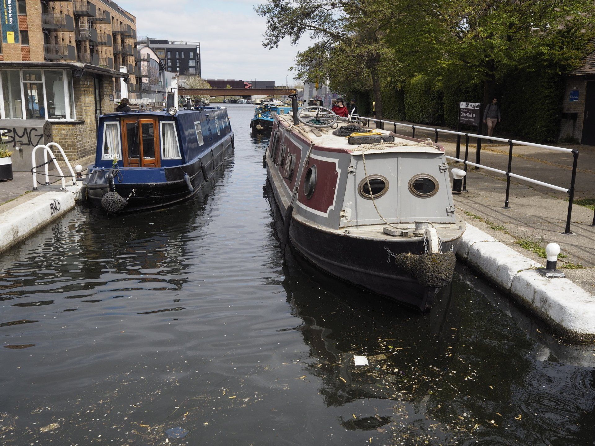 two barges entering a lock on the river lee navigation