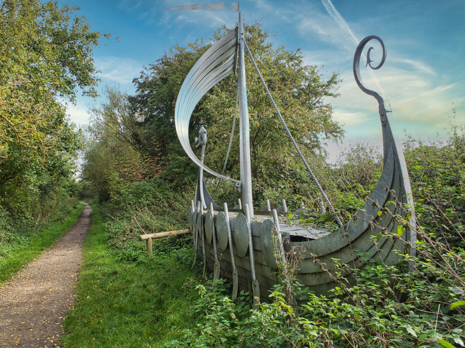 a viking boat sculpture on the viking way footpath
