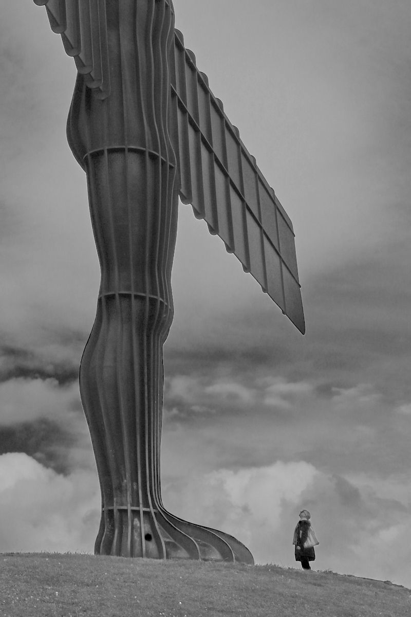 a monochrome view of The Angel of the North sculpture