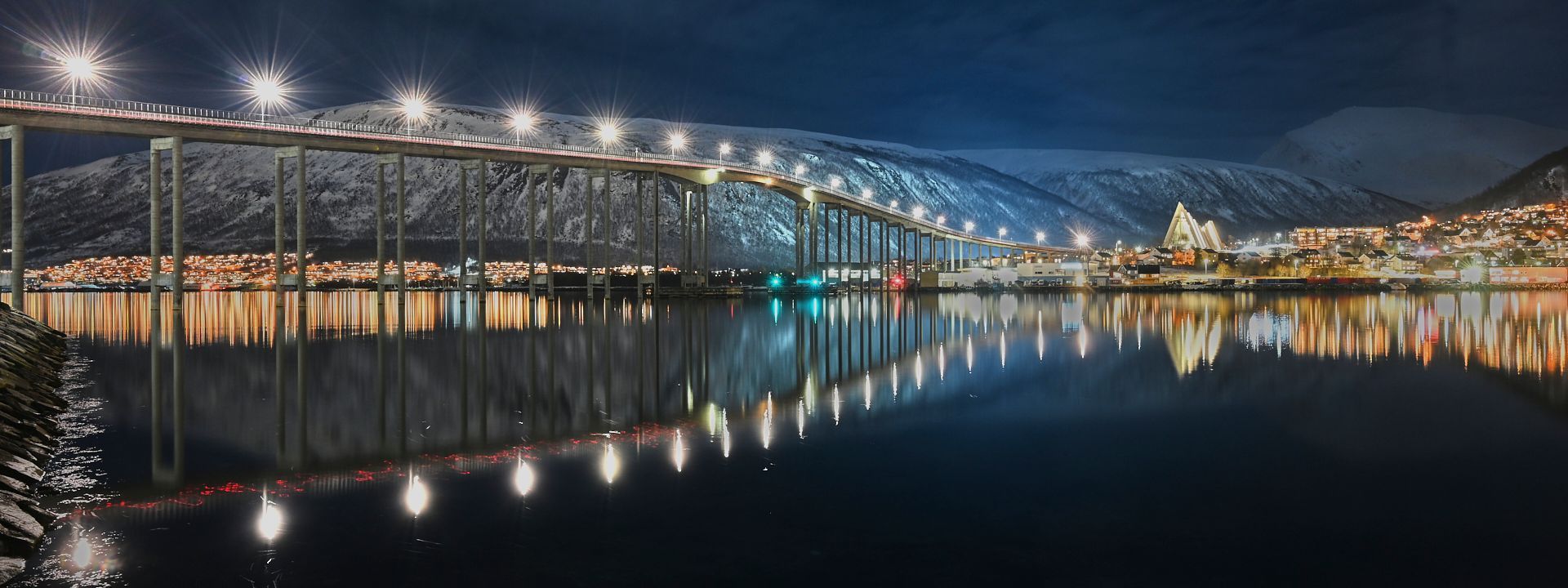 A night time view of the Tromso Bridge