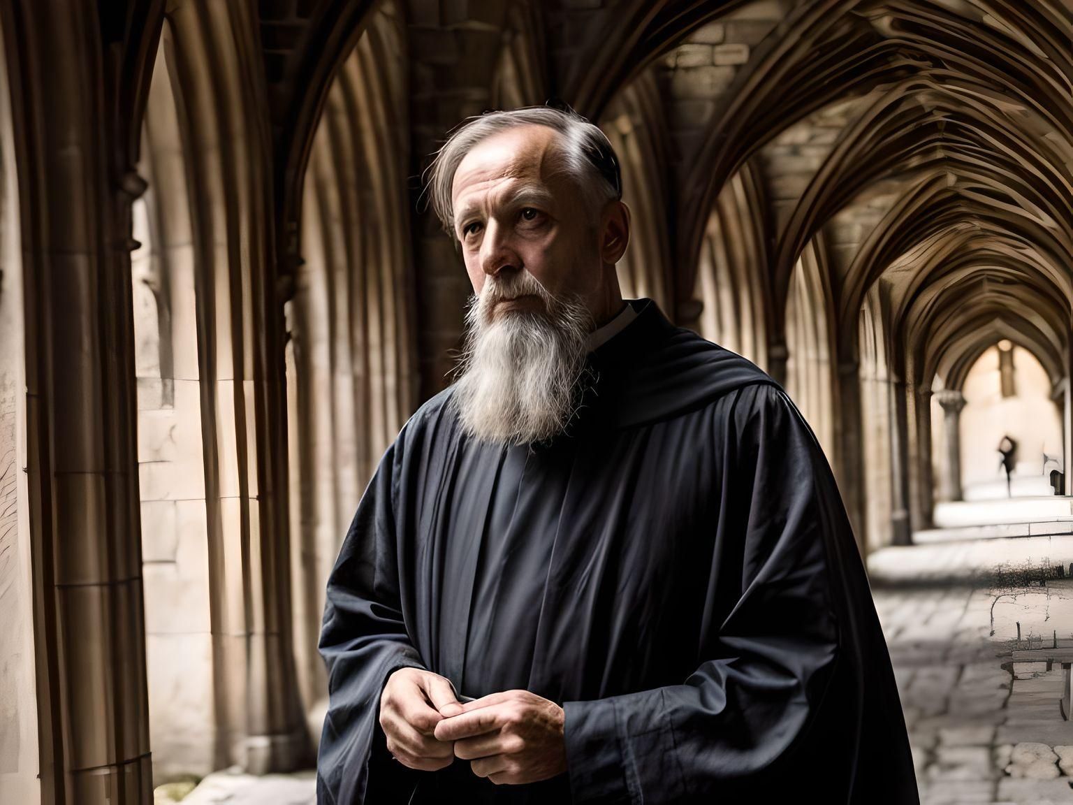 an AI generated image of a monk in the cloisters