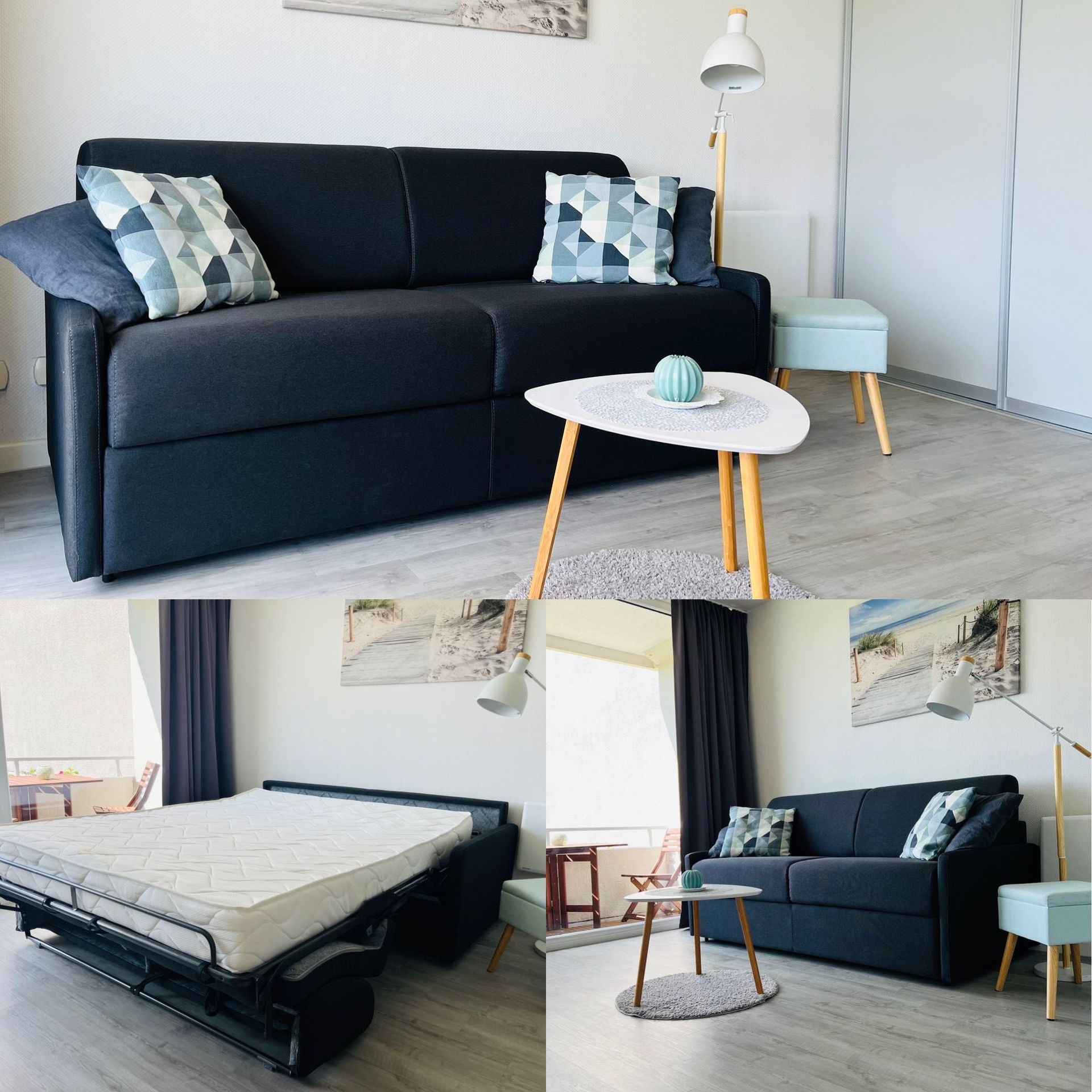 Sofa/Tagesbett, Couchtisch, Trennwand und Sicht in Schlafbereich Sofa/Tagesbett, Couchtisch, Trennwand und Sicht in Schlafbereich