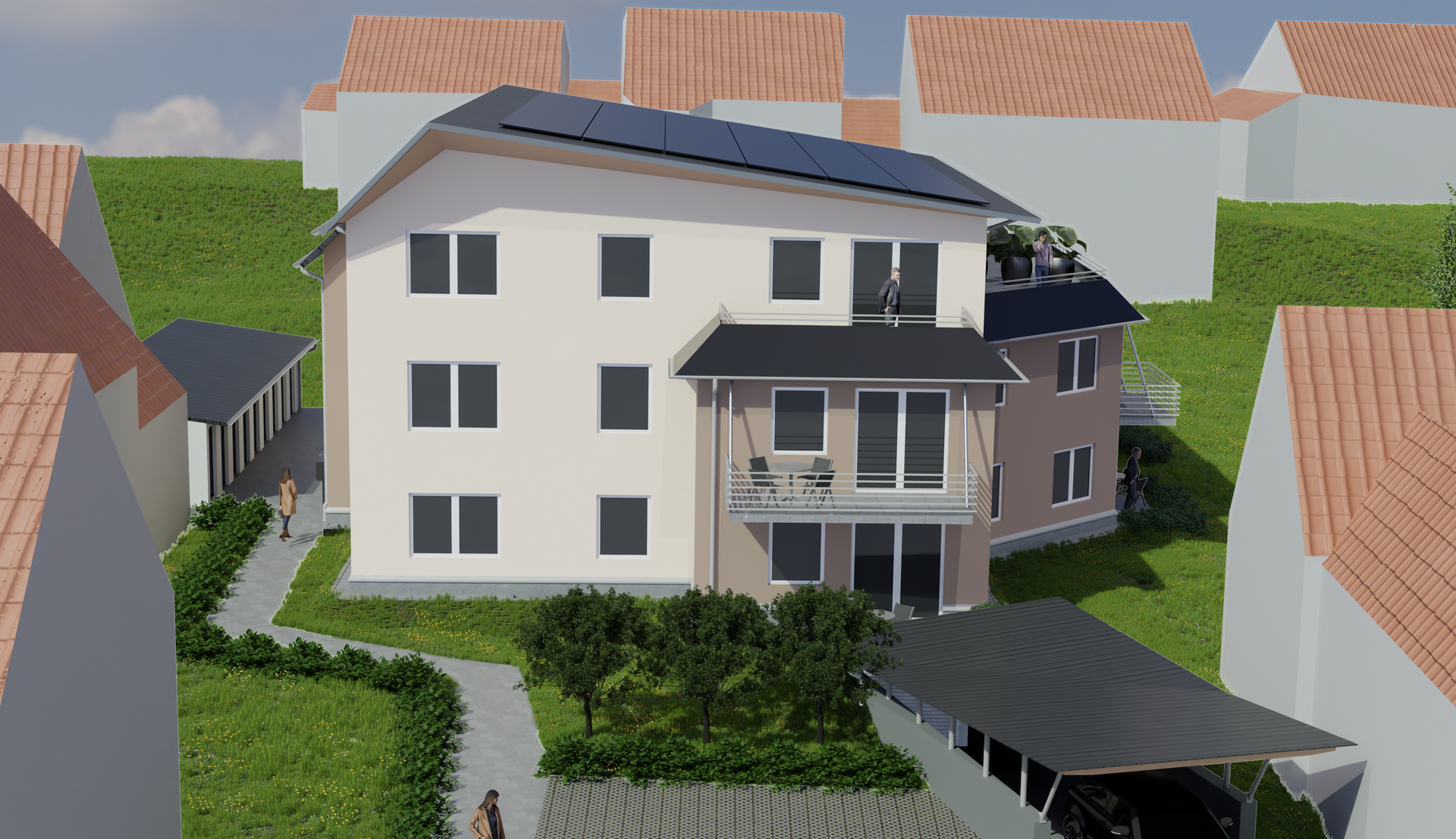 Frontansicht der KfW 40 QNG Wohnungen im Neubauprojekt Jöhlingen