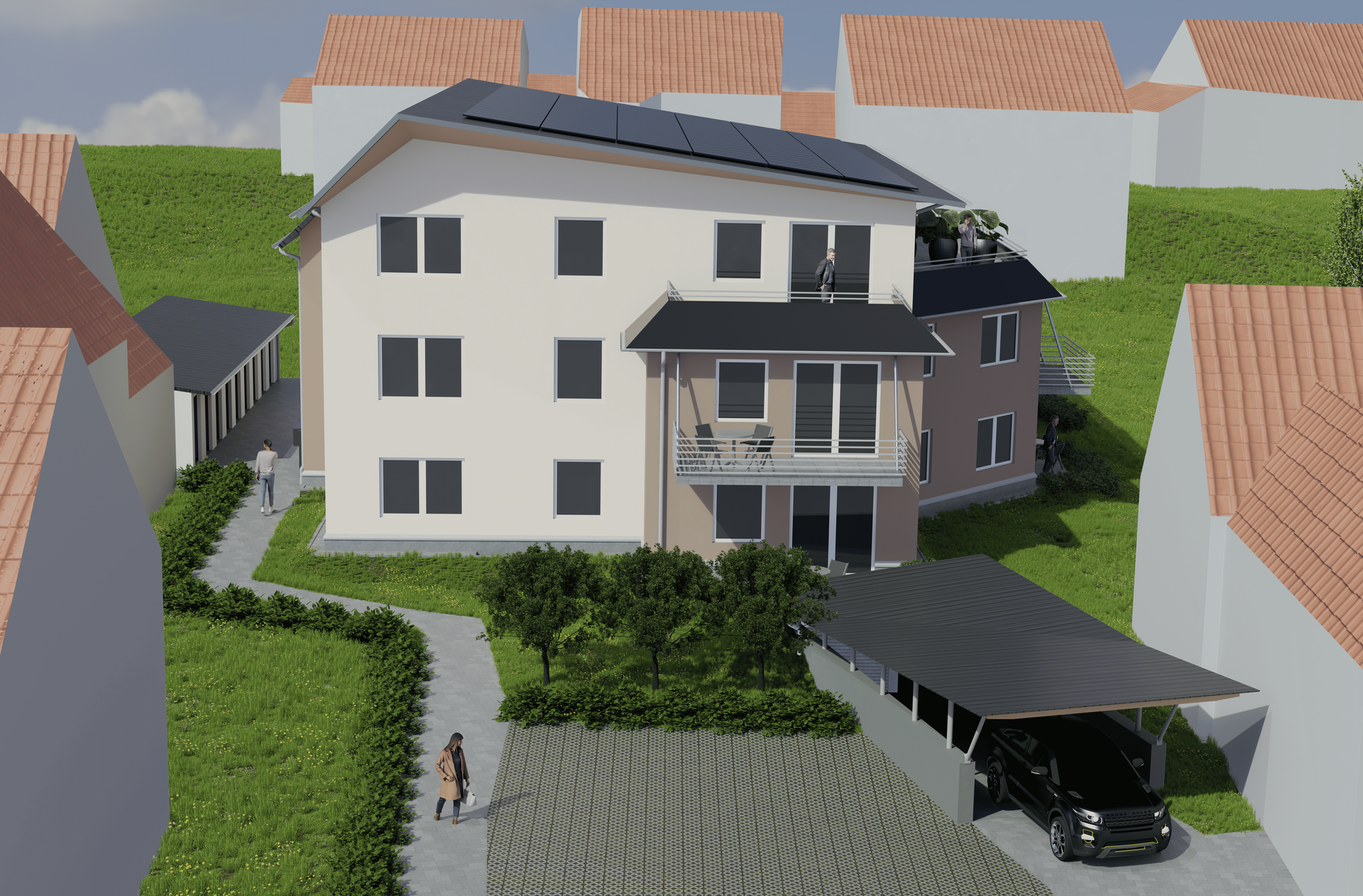 Frontansicht der KfW 40 QNG Wohnungen im Neubauprojekt Jöhlingen