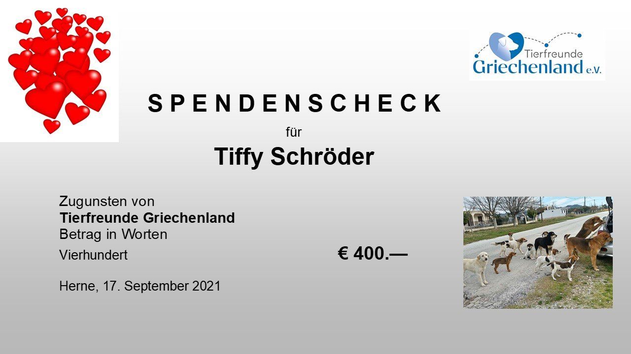 Geldspende zugunsten Tierfreunde Griechenland e.V.