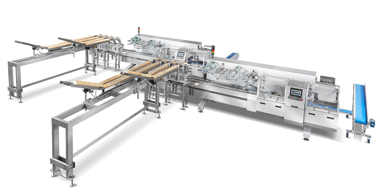 Flow wrapper line for biscuits or crackers. Twin film reel for continuous operation