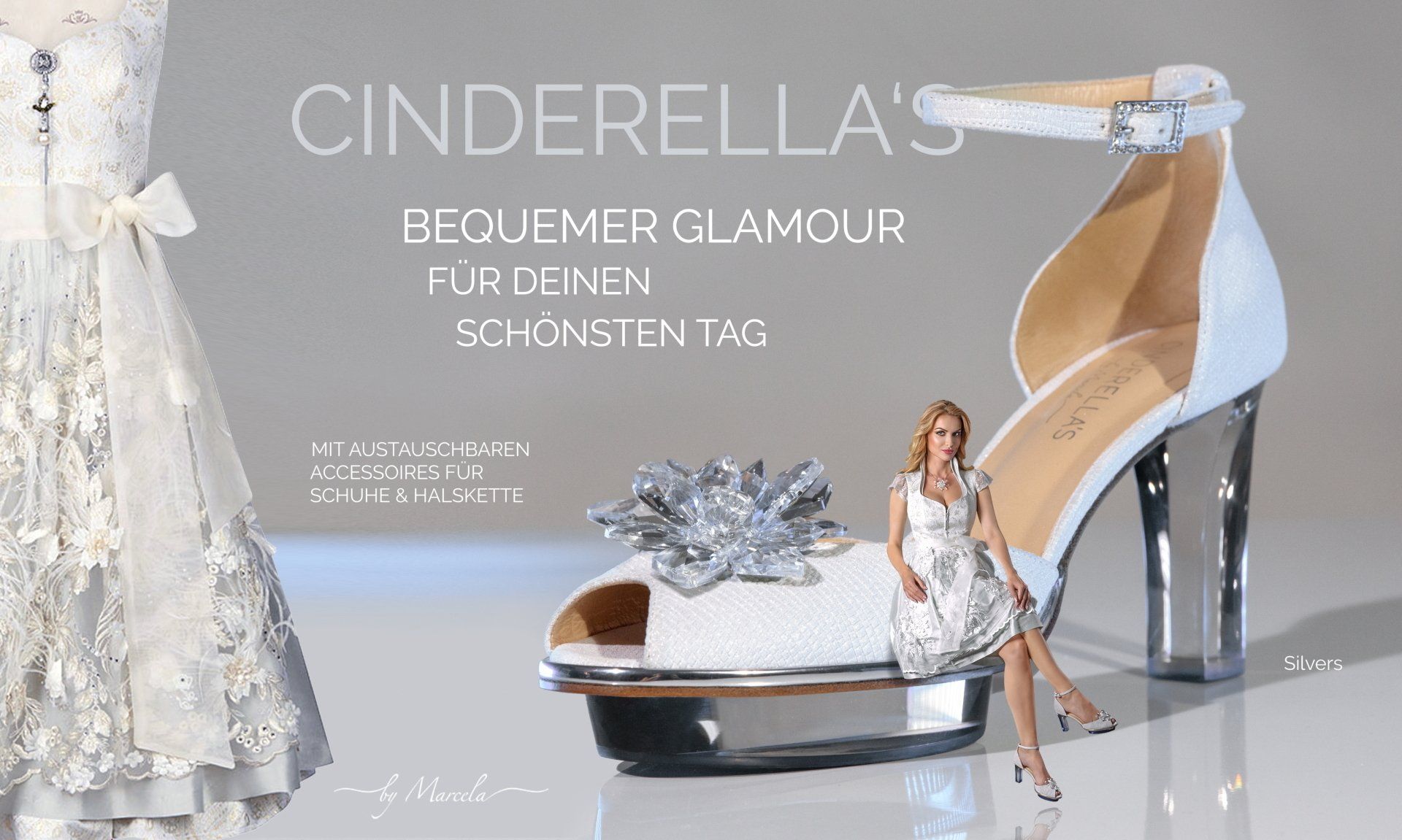 Cinderellas by Marcela, Cinderellas Schuhe, Graue silberne Cinderellas Dirndl Schuhe für Hochzeit mit transparentem high heel namens Silvers