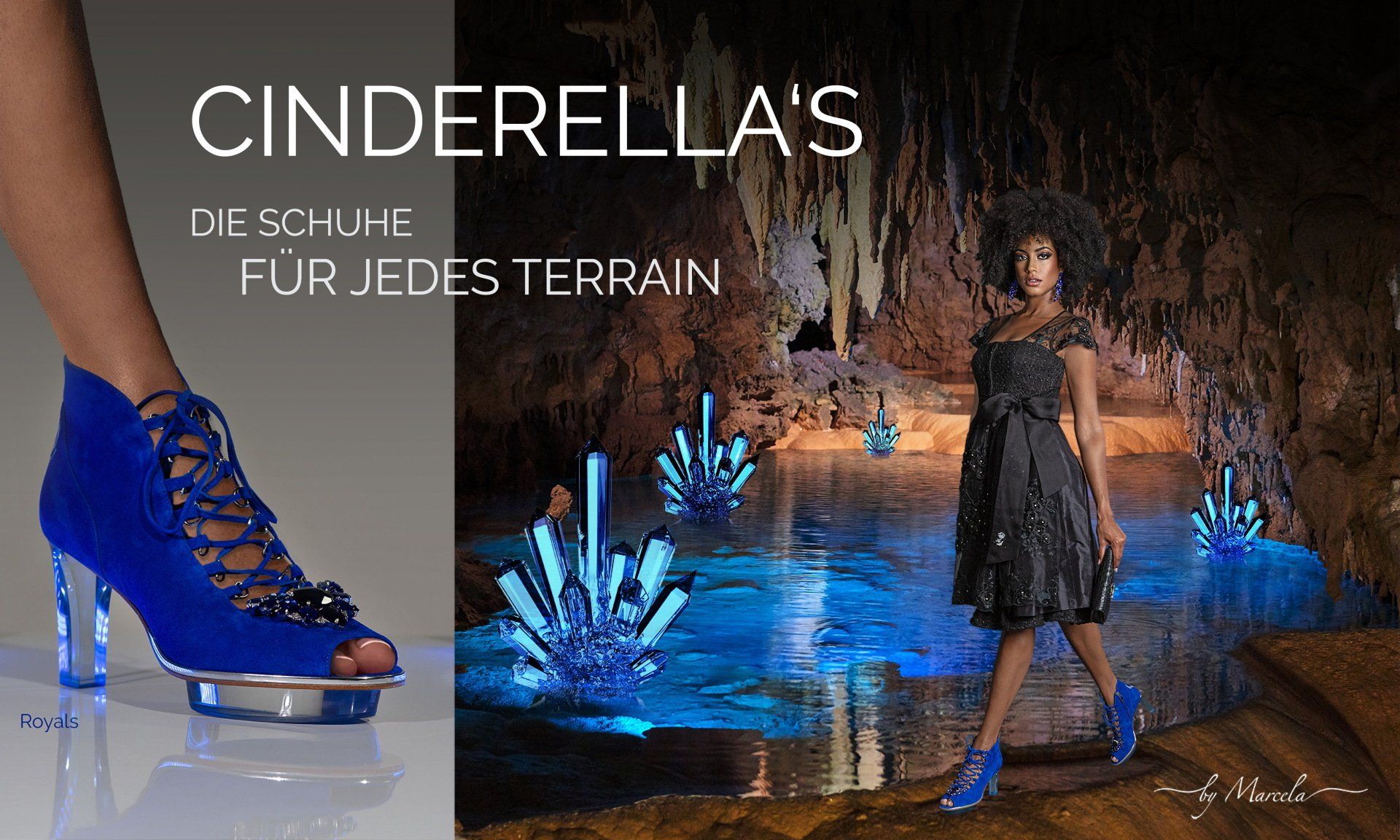 Cinderellas by Marcela, Cinderellas Schuhe königs blaue Cinderella Dirndl Stiefeletten für Oktoberfest mit transparentem high heel namens Royals