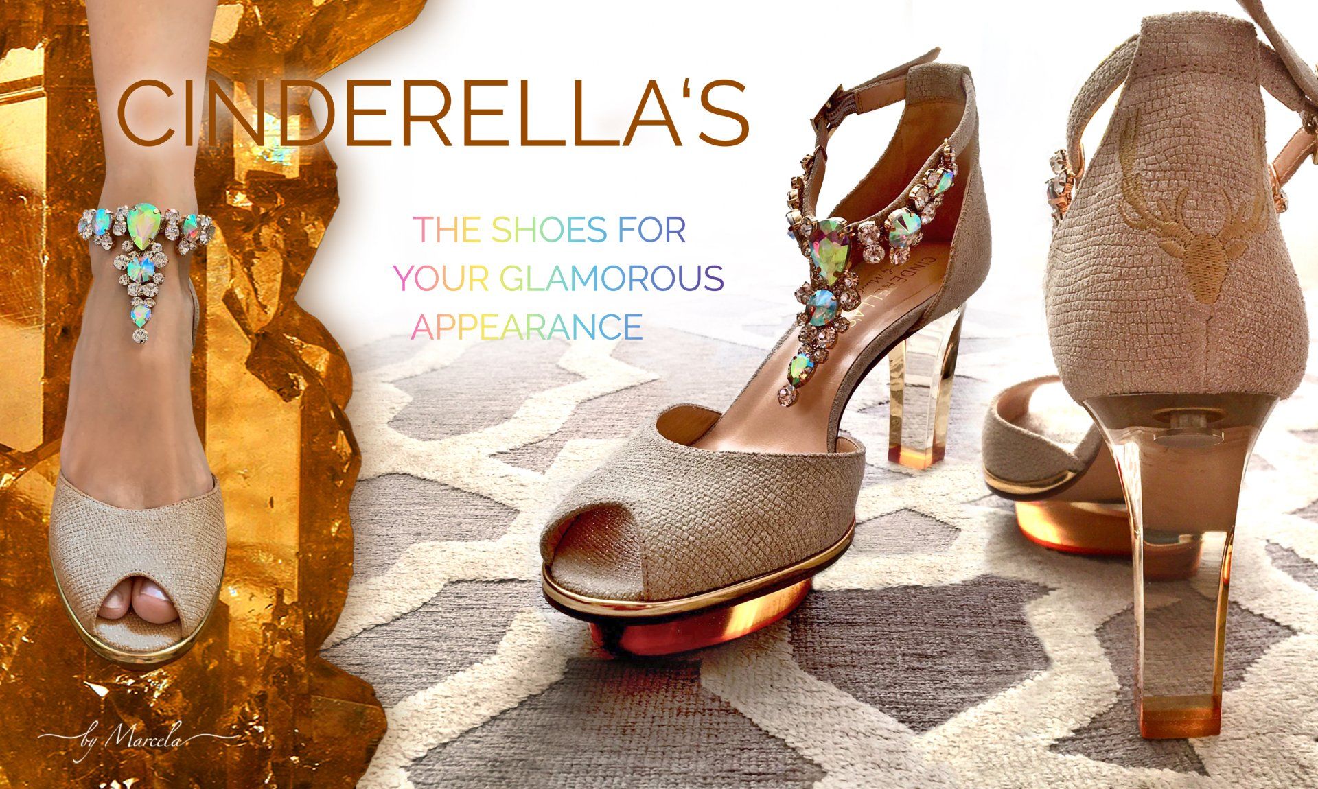 Creme gold Cinderella Dirndl Schuhe für Hochzeit mit transparentem high heel namens Goldis
