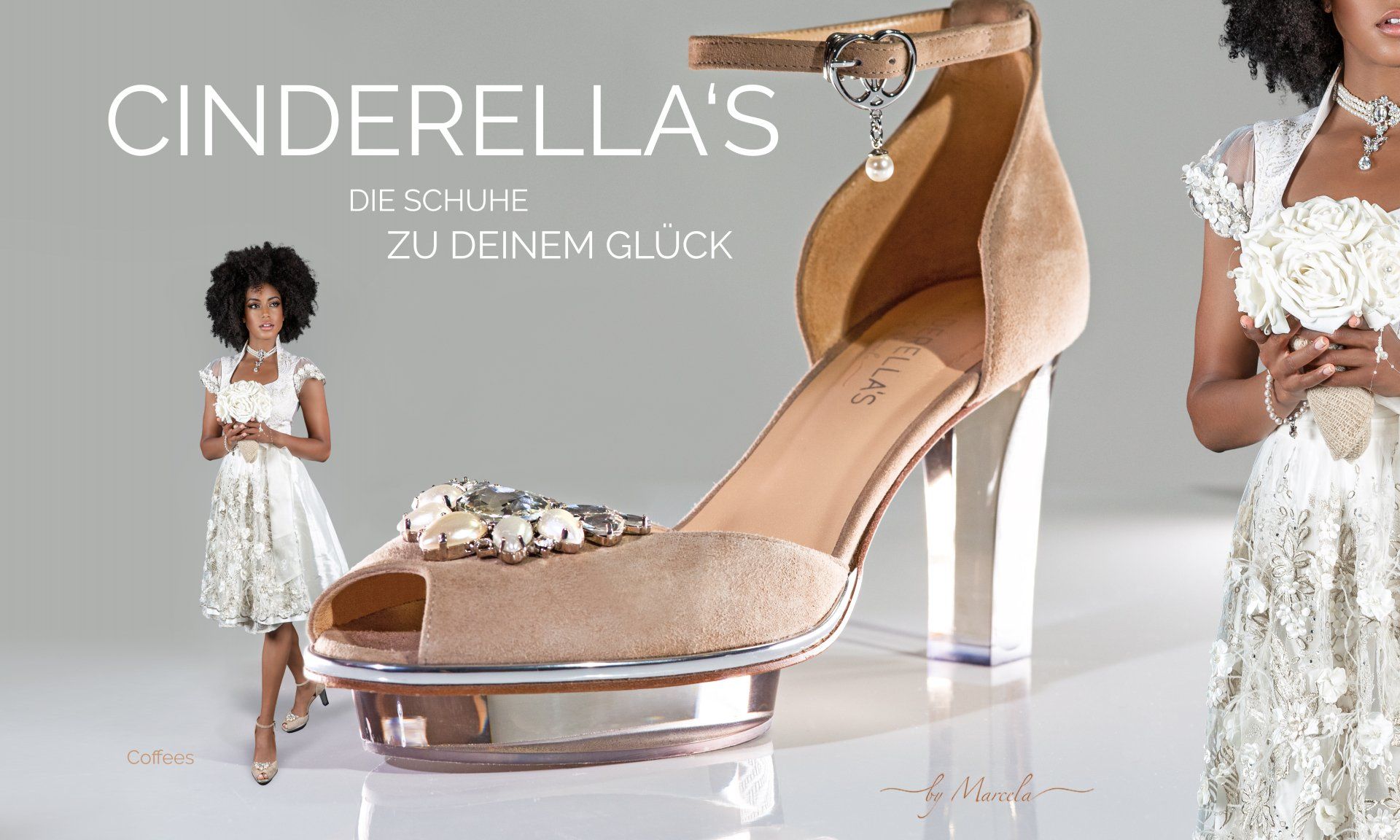 Beige taupe Cinderella Dirndl Schuhe für Oktoberfest mit transparentem high heel namens Coffees
