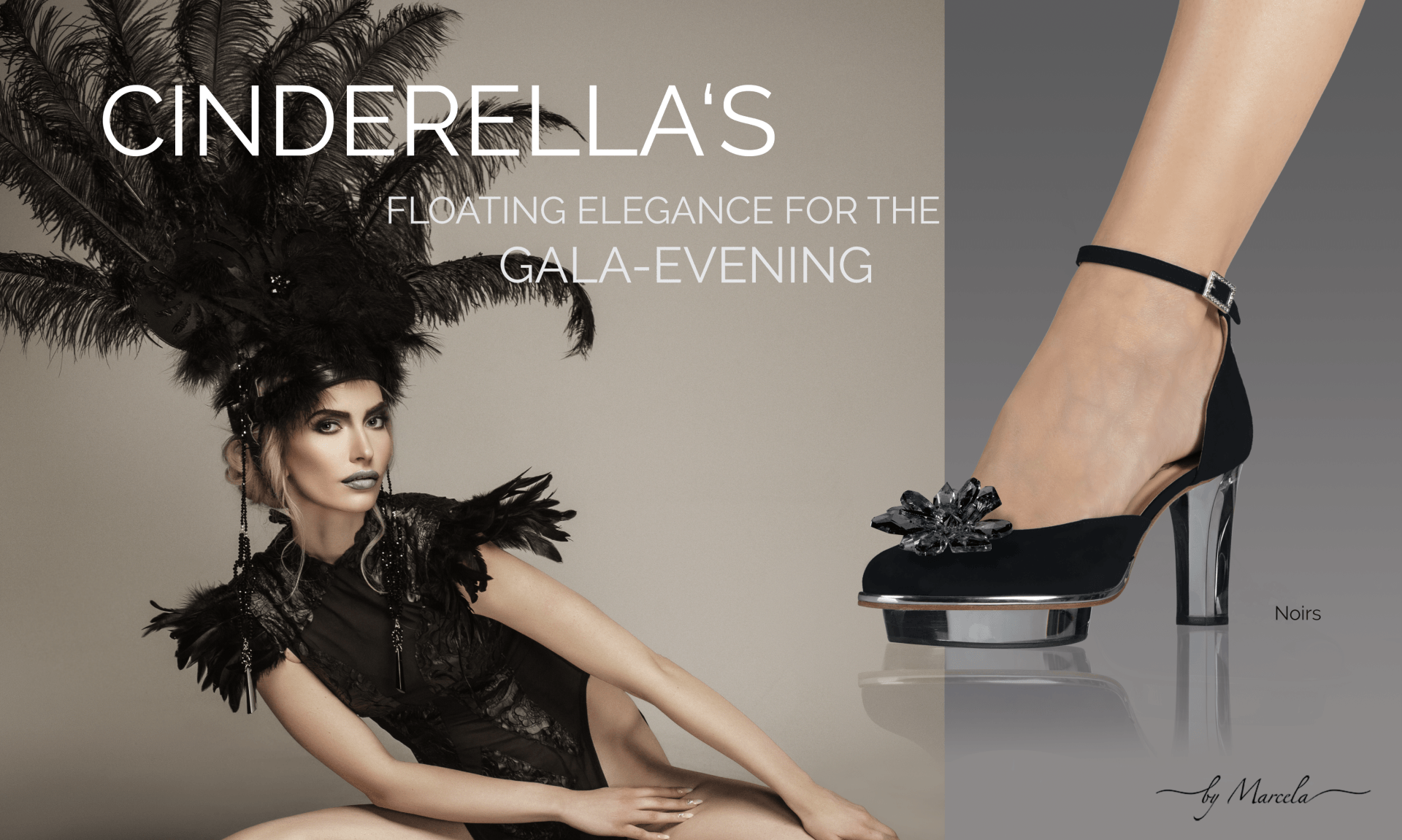 Schwarze Cinderella Abend-Schuhe mit transparentem high heel namens Noirs