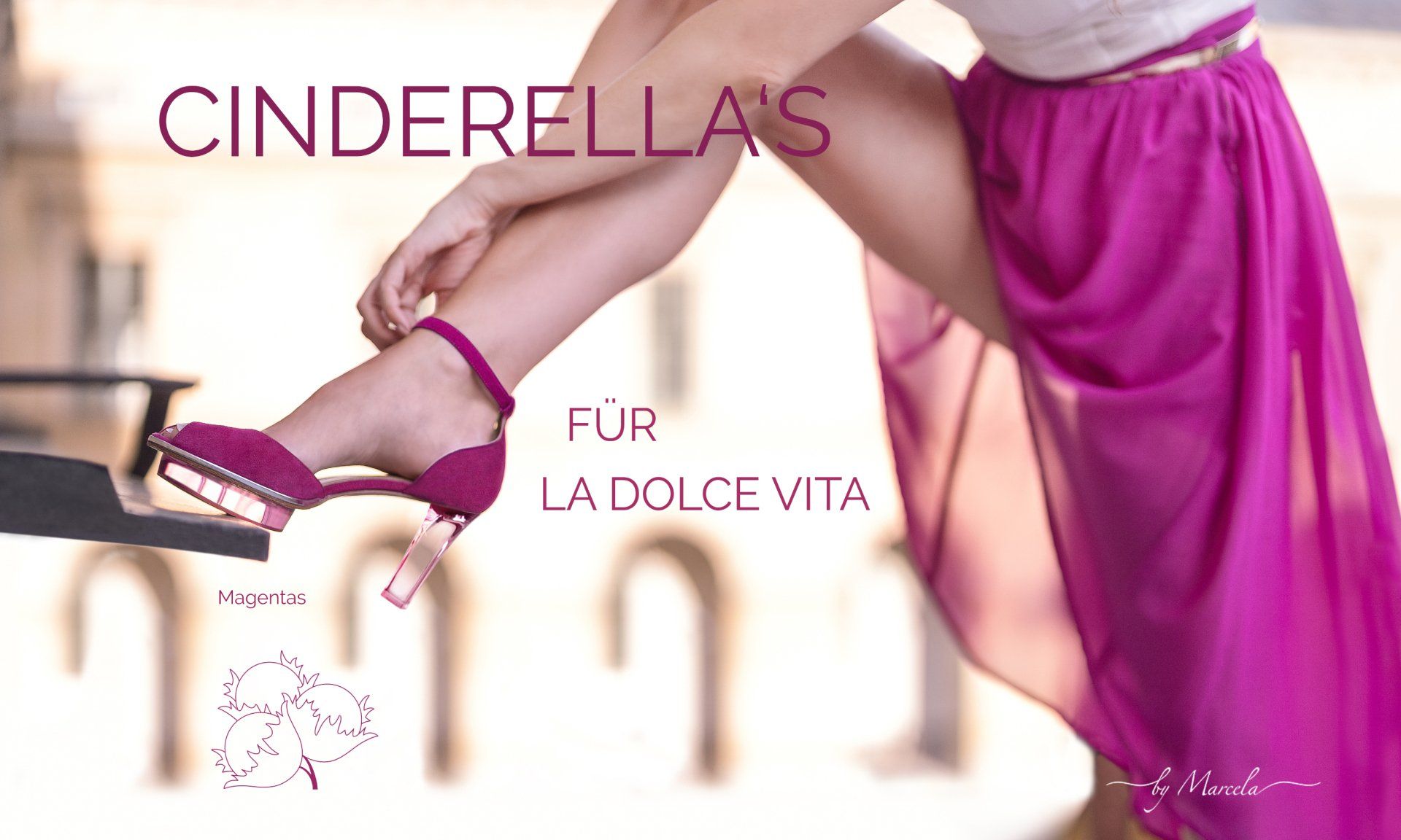 Cinderellas by Marcela, Cinderellas Schuhe in Rosa pink mit transparentem high heel namens Magentas und blaues Dirndl von Astrid Söll