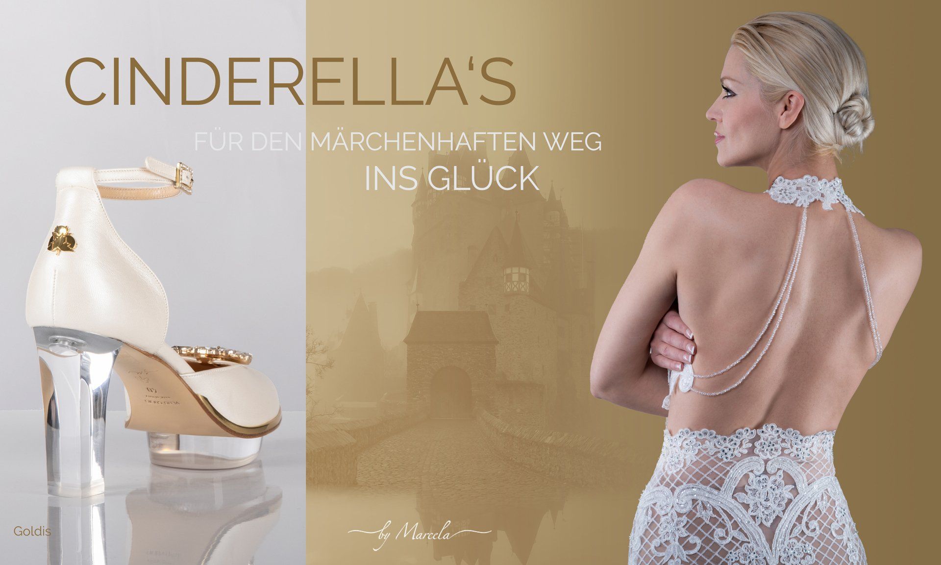 Cinderellas by Marcela, Cinderellas Shoes, Creme gold Cinderella Dirndl Schuhe für Hochzeit mit transparentem high heel namens Goldis
