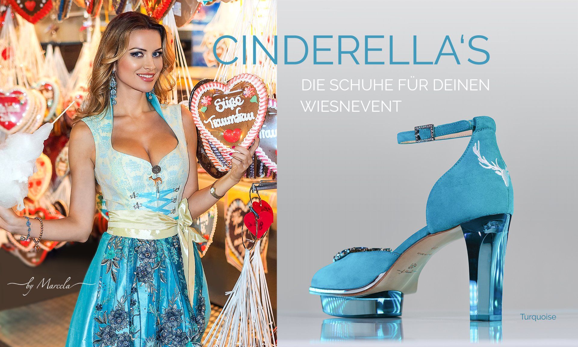 Cinderellas by Marcela, Cinderellas Shoes, Türkis blaue Cinderella Dirndl Schuhe für Oktoberfest mit transparentem high heel namens Turquoise