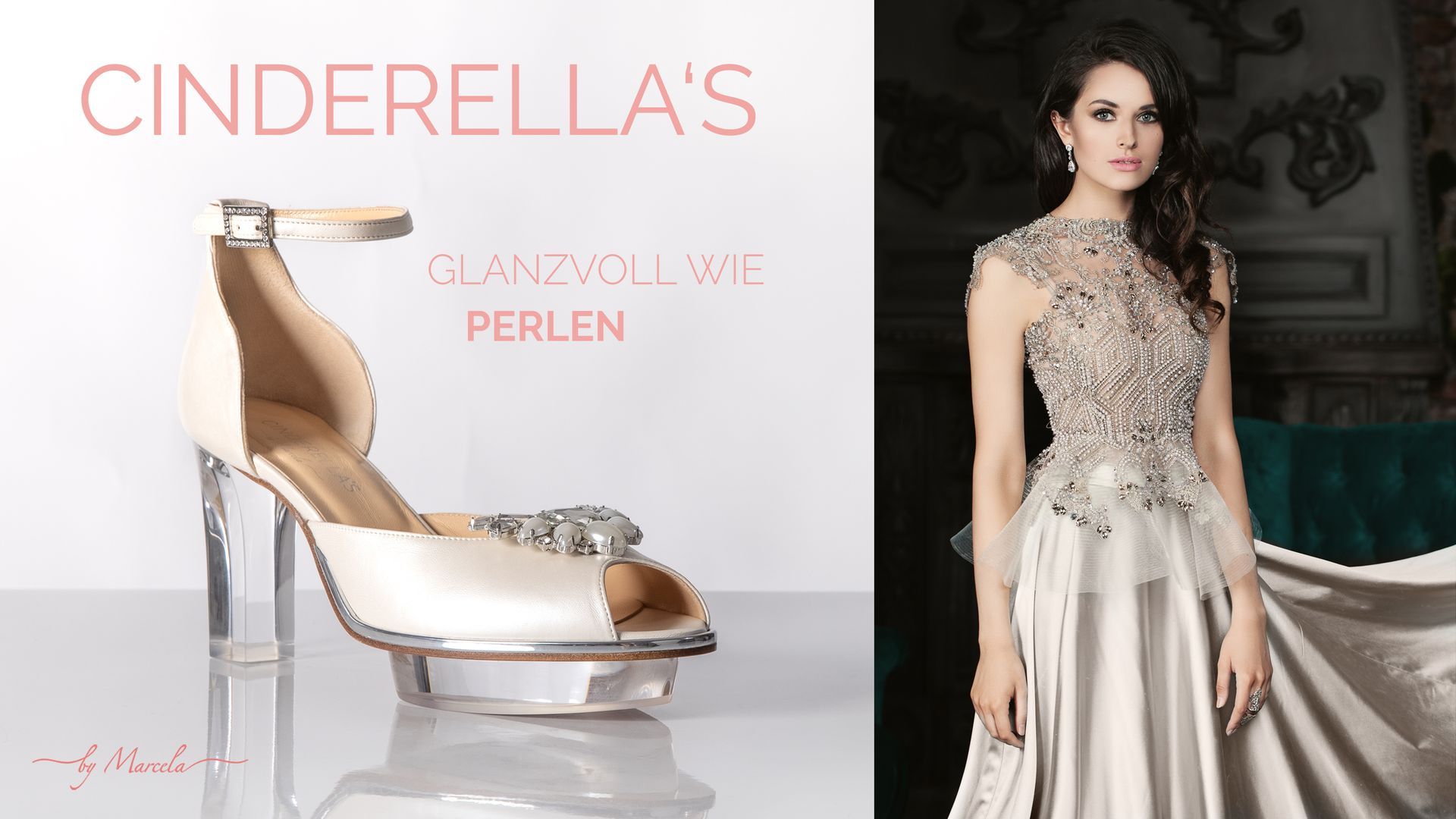 Creme gold Cinderella Dirndl Schuhe für Hochzeit mit transparentem high heel namens Goldis