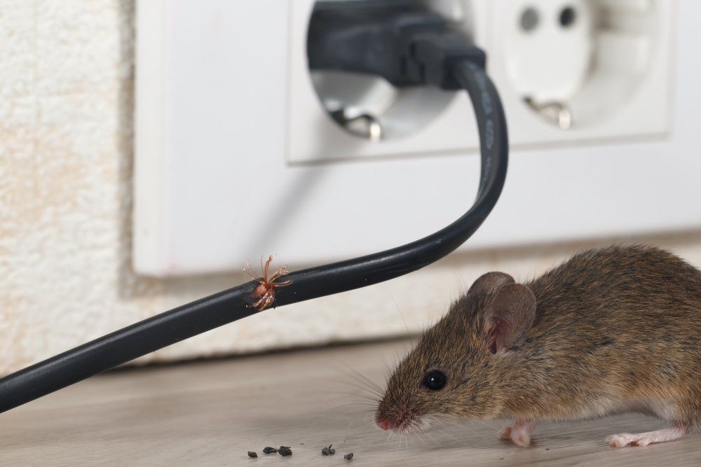 Maus mit Kot am angefressenen Kabel