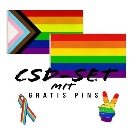 Pride Flaggen-Set: Regenbogen & Progress Flagge (90x150cm) mit gratis Pin & Schleife! ?